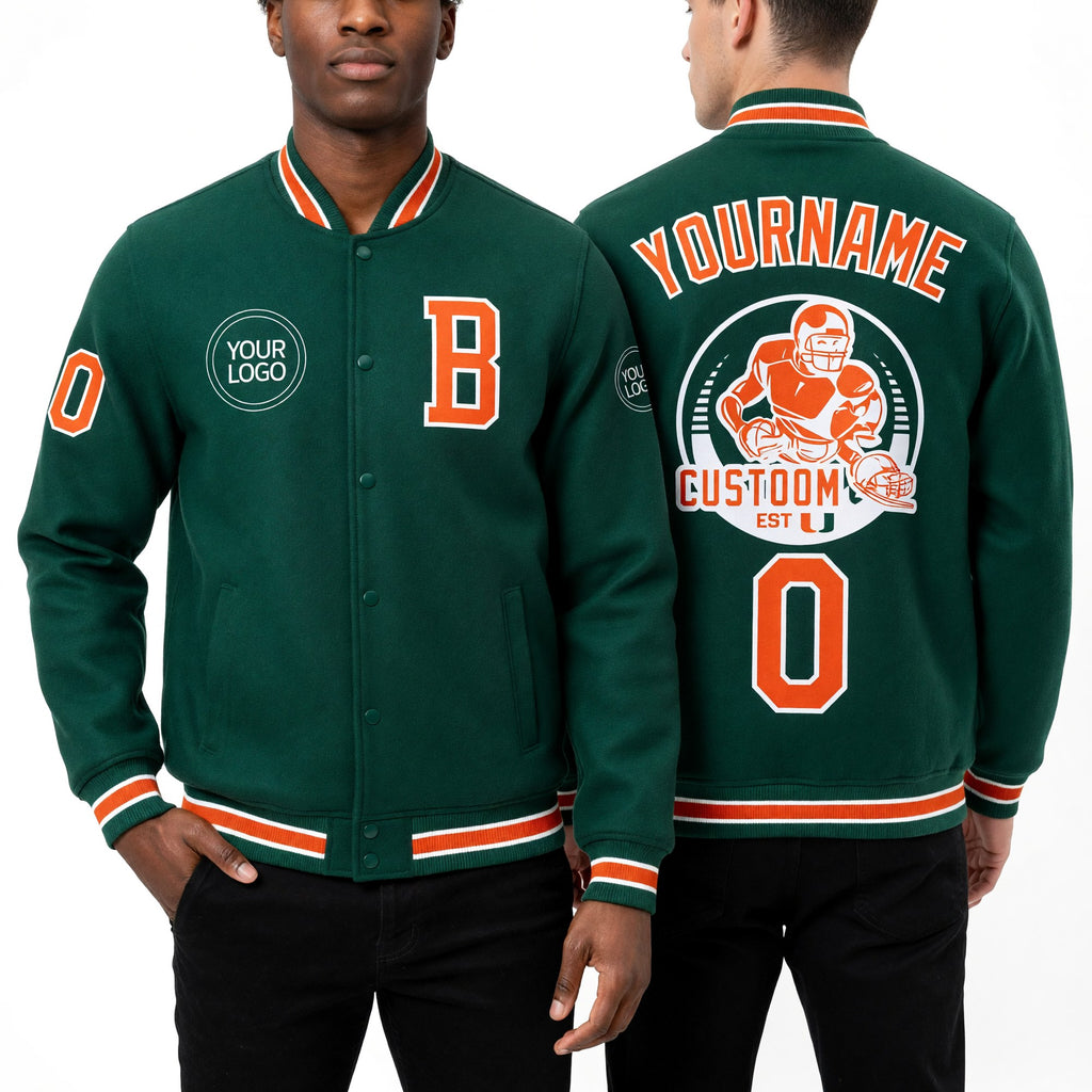 Custom Kelly Green Orange-White Bomber Full-Snap Varsity Letterman Jacket worn front and back