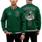 Custom Kelly Green Black-White Bomber Full-Snap Varsity Letterman Jacket worn front and back