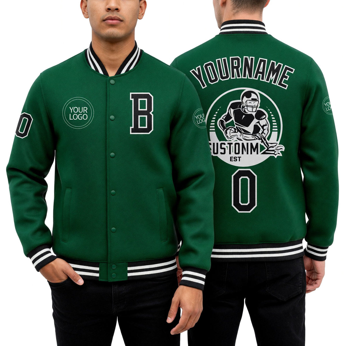 Custom Kelly Green Black-White Bomber Full-Snap Varsity Letterman Jacket worn front and back