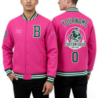 Custom Pink Kelly Green-White Bomber Full-Snap Varsity Letterman Jacket worn front and back