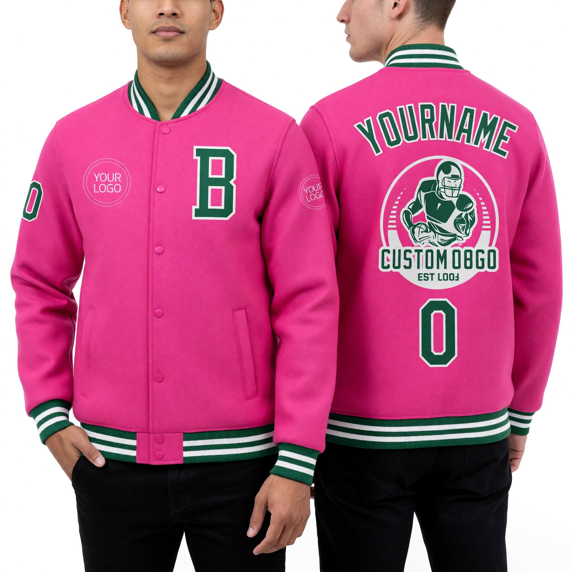 Custom Pink Kelly Green-White Bomber Full-Snap Varsity Letterman Jacket worn front and back