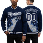 Custom Navy White-Gray Wolf Howling 3D Pattern Design Bomber Full-Snap Varsity Letterman Jacket worn front and back