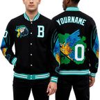 Custom Black White-Aqua Parrot 3D Pattern Design Bomber Full-Snap Varsity Letterman Jacket worn front and back