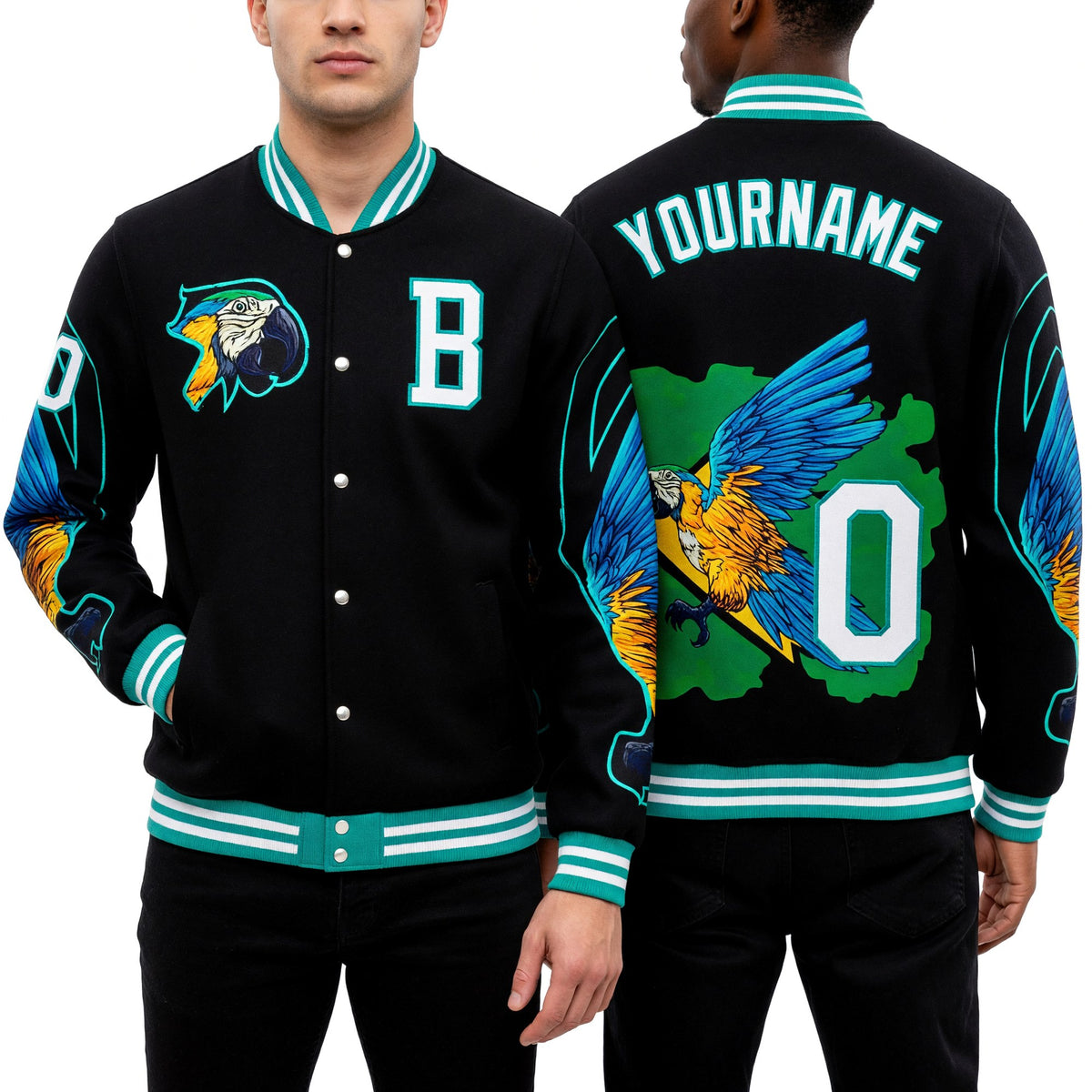 Custom Black White-Aqua Parrot 3D Pattern Design Bomber Full-Snap Varsity Letterman Jacket worn front and back
