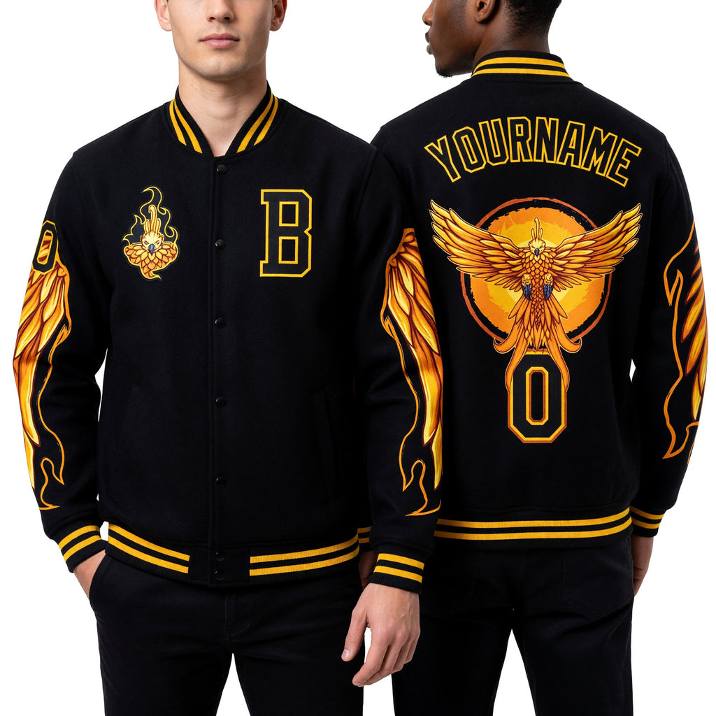 Custom Black Gold Fire Phoenix 3D Pattern Design Bomber Full-Snap Varsity Letterman Jacket worn front and back