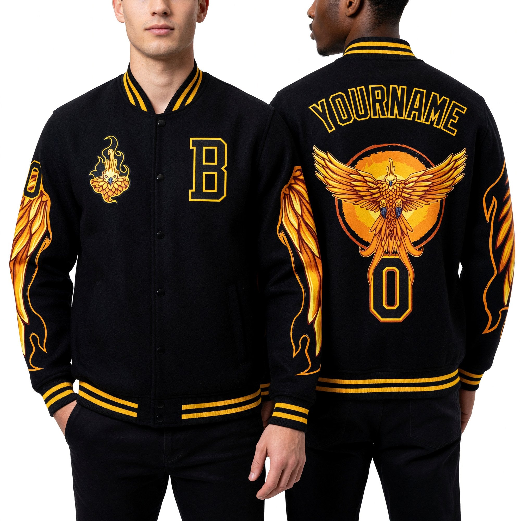 Custom Black Gold Fire Phoenix 3D Pattern Design Bomber Full-Snap Varsity Letterman Jacket worn front and back