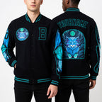 Custom Black Teal Leopard 3D Pattern Design Bomber Full-Snap Varsity Letterman Jacket worn front and back