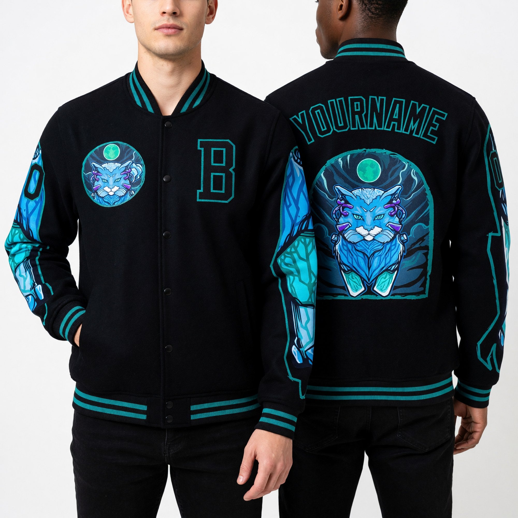 Custom Black Teal Leopard 3D Pattern Design Bomber Full-Snap Varsity Letterman Jacket worn front and back