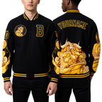 Custom Black Gold Courage Samurai 3D Pattern Design Bomber Full-Snap Varsity Letterman Jacket worn front and back