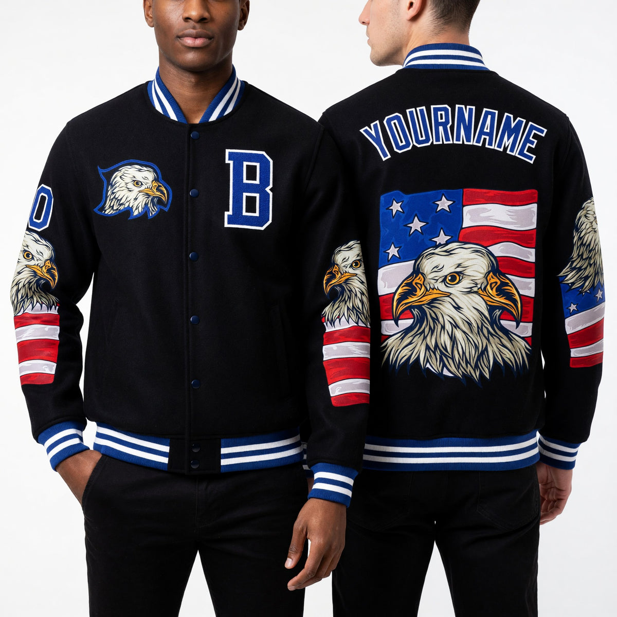Custom Black Royal-White Eagle And American Flag 3D Pattern Design Bomber Full-Snap Varsity Letterman Jacket worn front and back