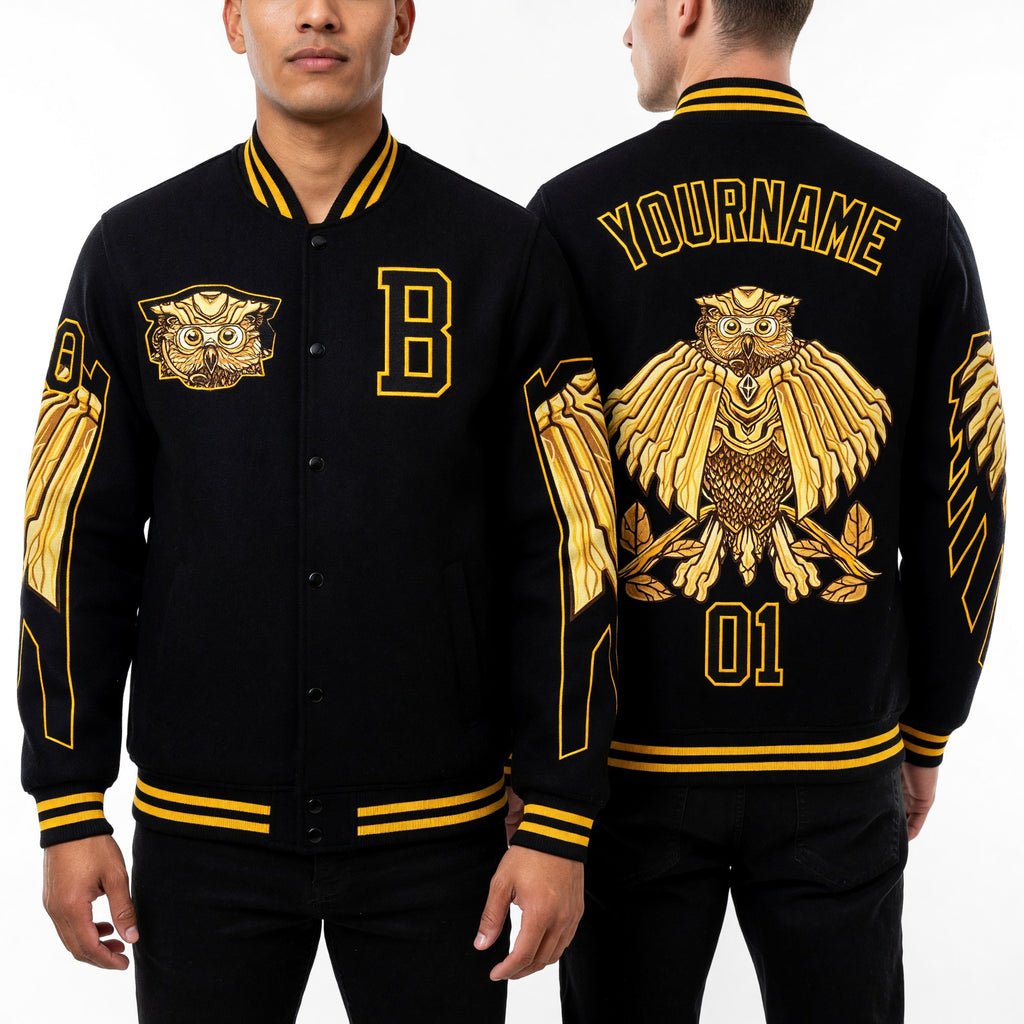 Custom Black Gold Owl 3D Pattern Design Bomber Full-Snap Varsity Letterman Jacket worn front and back
