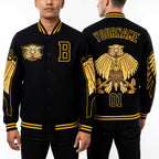 Custom Black Gold Owl 3D Pattern Design Bomber Full-Snap Varsity Letterman Jacket worn front and back