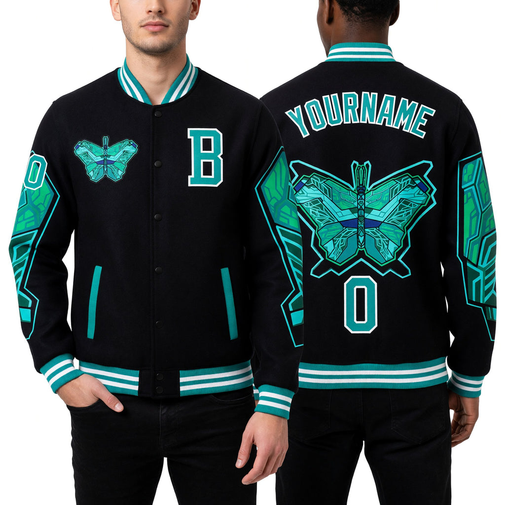 Custom Black Aqua-White Butterfly 3D Pattern Design Bomber Full-Snap Varsity Letterman Jacket worn front and back