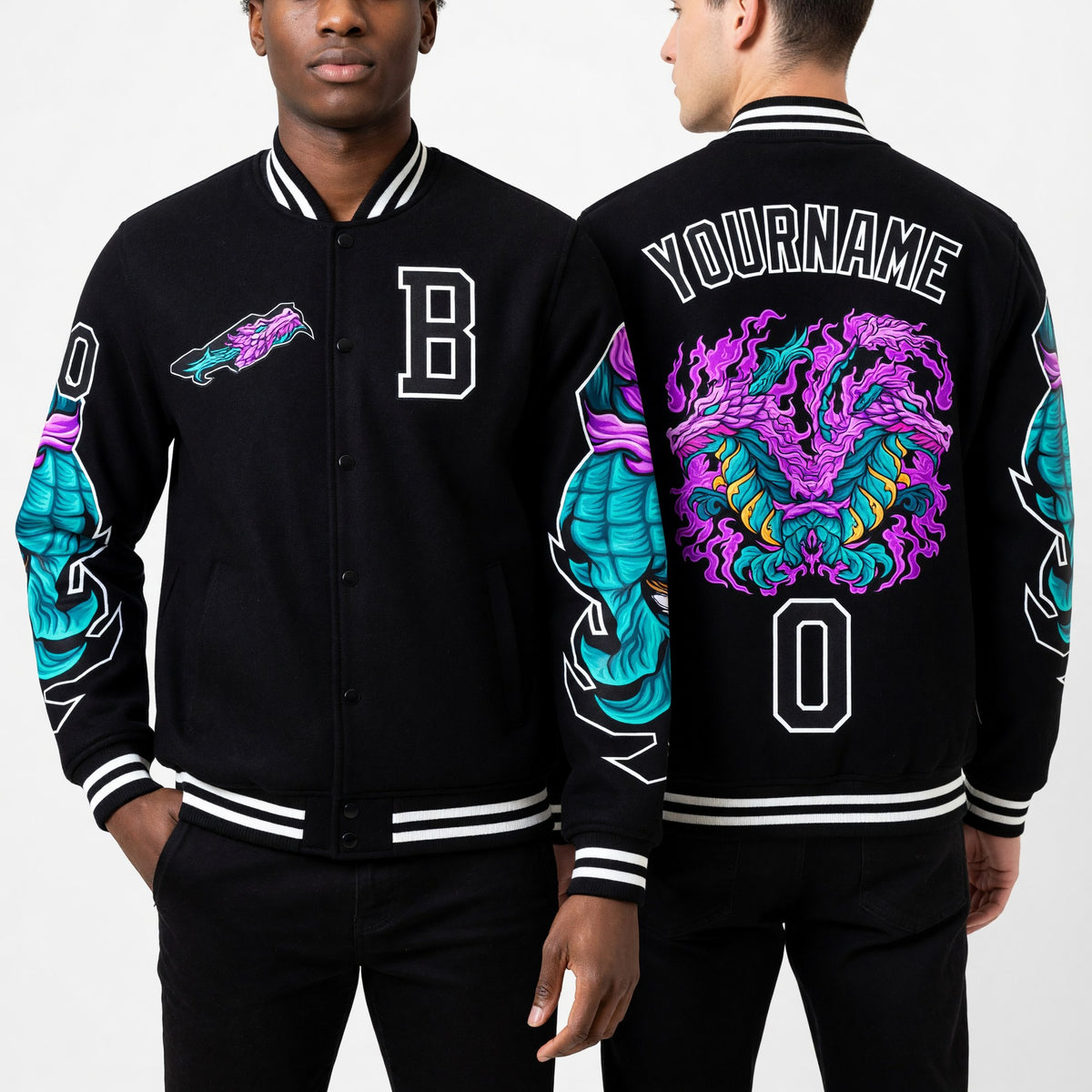 Custom Black White Dragon 3D Pattern Design Bomber Full-Snap Varsity Letterman Jacket worn front and back