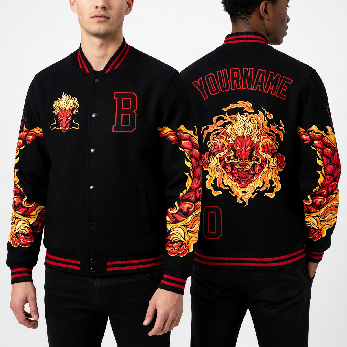 Custom Black Red Dragon 3D Pattern Design Bomber Full-Snap Varsity Letterman Jacket worn front and back