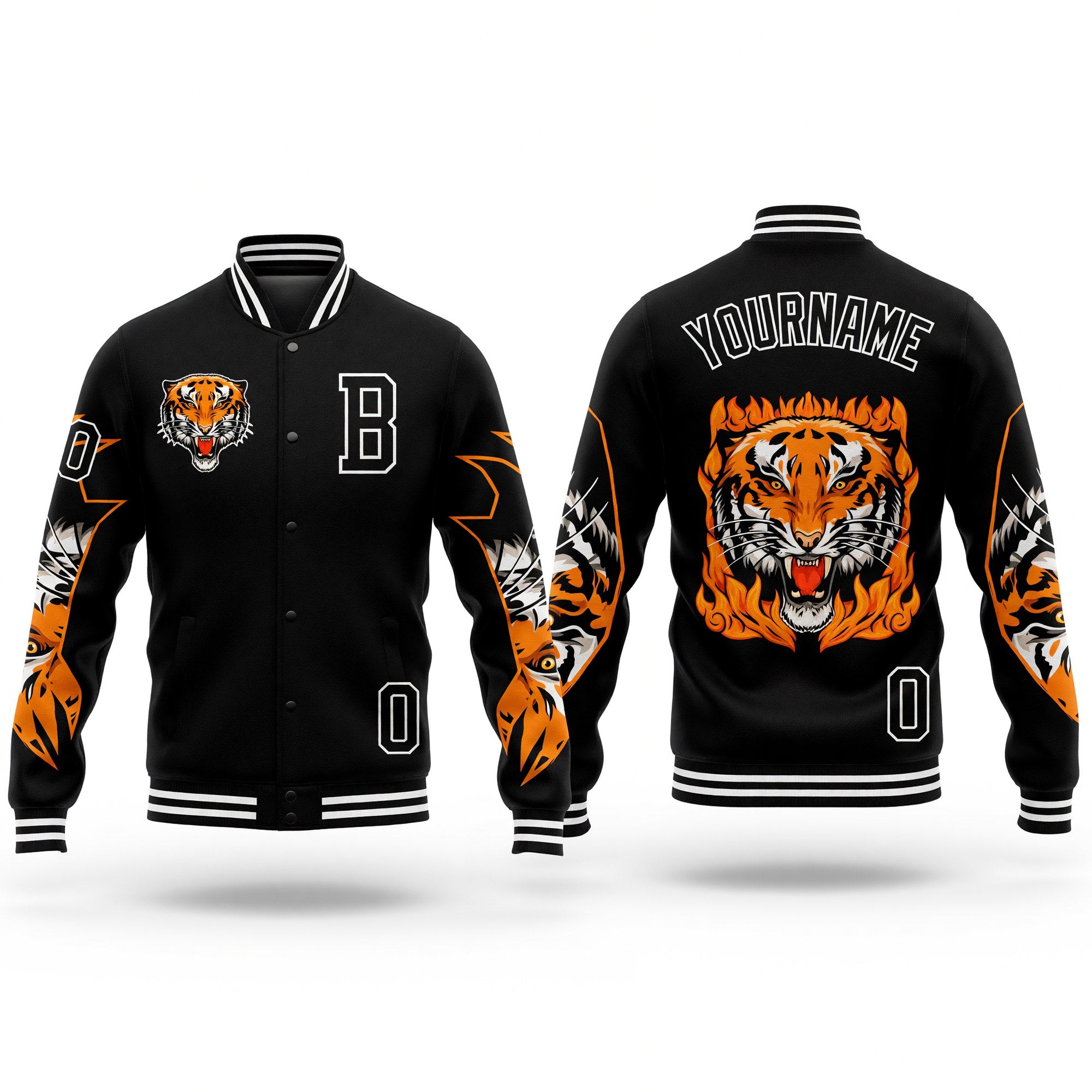 Custom Black White Tiger 3D Pattern Design Bomber Full-Snap Varsity Letterman Jacket