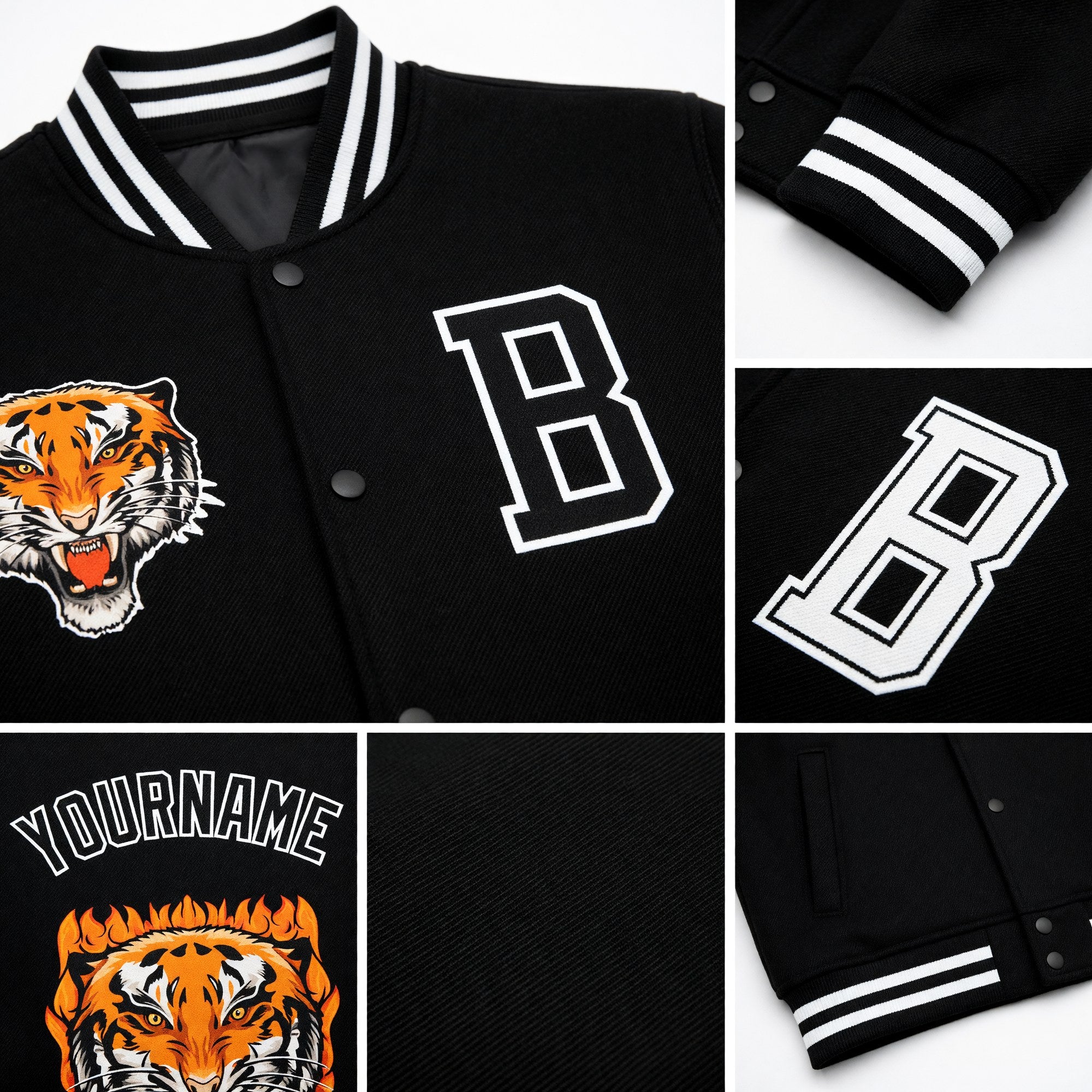 Custom Black White Tiger 3D Pattern Design Bomber Full-Snap Varsity Letterman Jacket detail