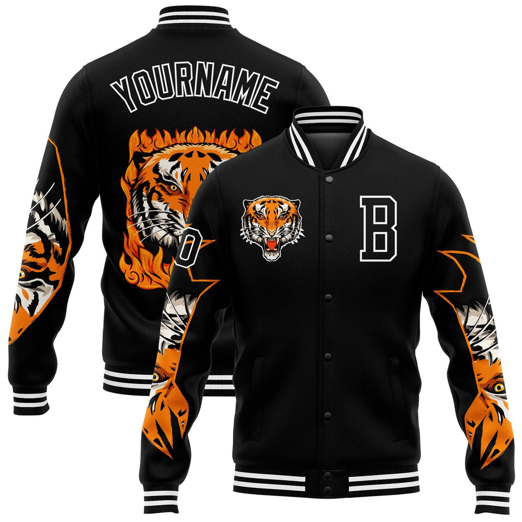 Custom Black White Tiger 3D Pattern Design Bomber Full-Snap Varsity Letterman Jacket photo 1