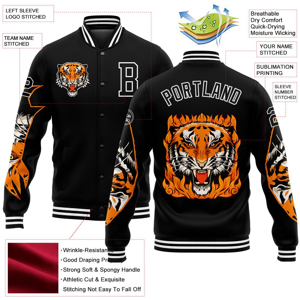 Custom Black White Tiger 3D Pattern Design Bomber Full-Snap Varsity Letterman Jacket photo 5