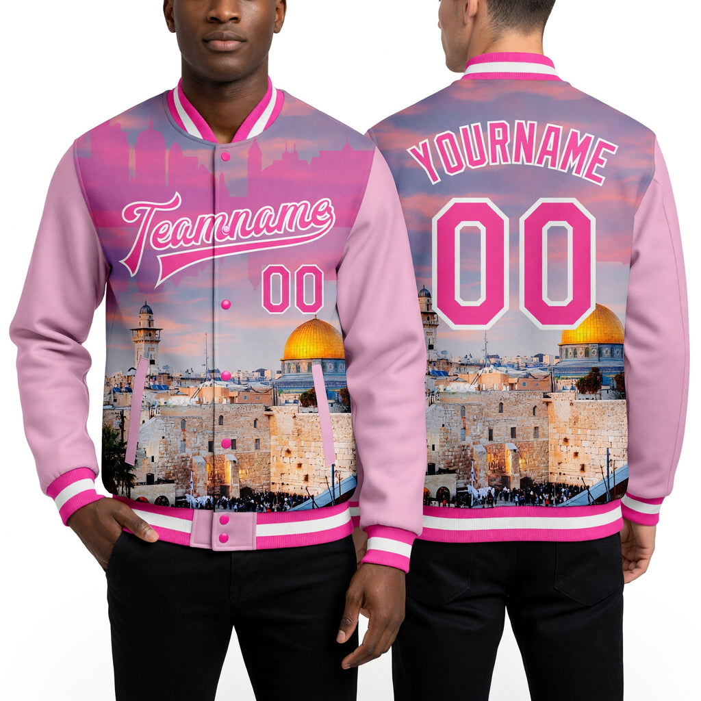 Custom Pink Light Pink-White The Dome Of The Rock Jerusalem Israel City Edition 3D Bomber Full-Snap Varsity Letterman Jacket worn front and back