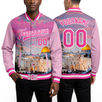Custom Pink Light Pink-White The Dome Of The Rock Jerusalem Israel City Edition 3D Bomber Full-Snap Varsity Letterman Jacket worn front and back