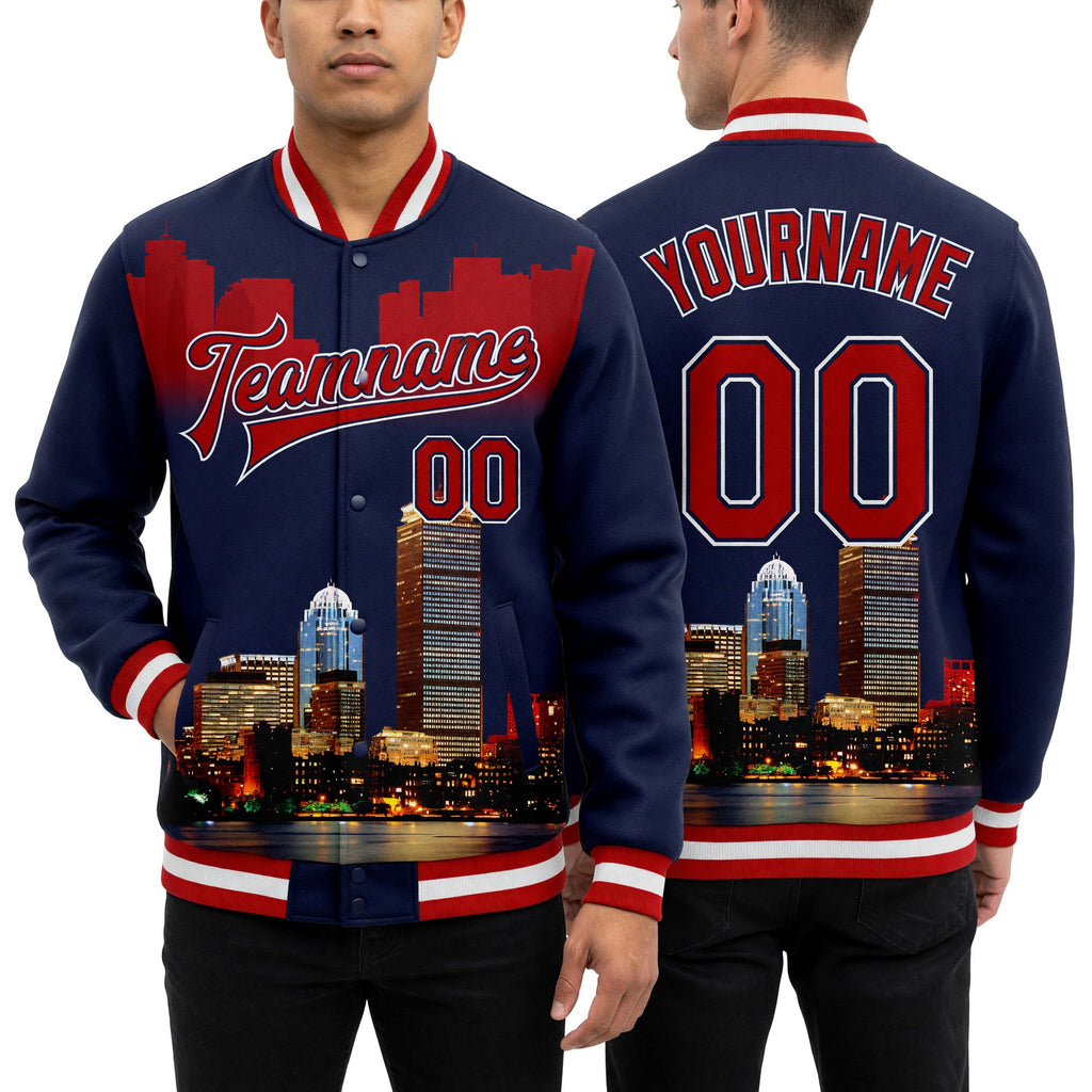 Custom Navy Red-White Boston Massachusetts City Edition 3D Bomber Full-Snap Varsity Letterman Jacket worn front and back
