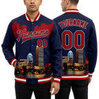 Custom Navy Red-White Boston Massachusetts City Edition 3D Bomber Full-Snap Varsity Letterman Jacket worn front and back