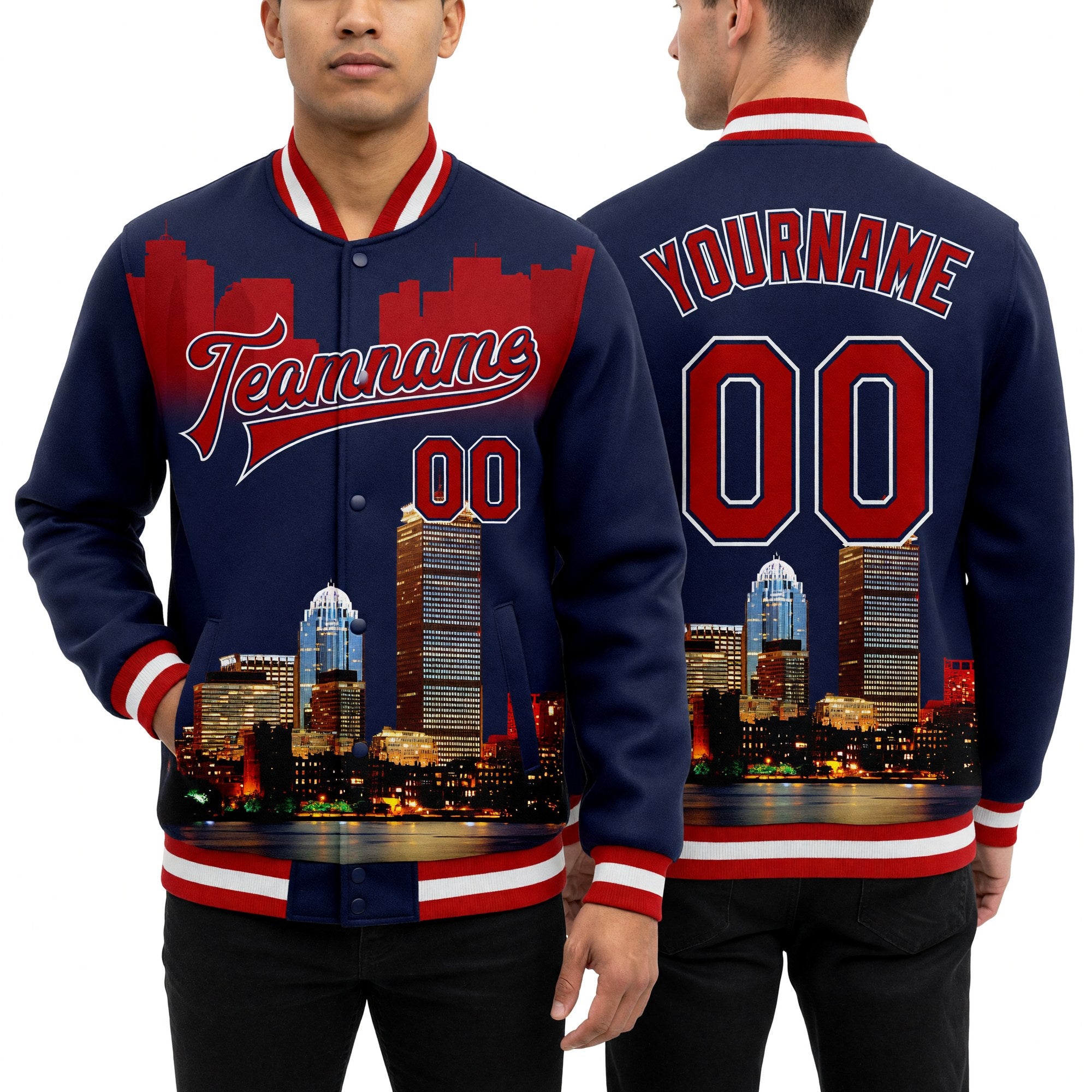 Custom Navy Red-White Boston Massachusetts City Edition 3D Bomber Full-Snap Varsity Letterman Jacket worn front and back