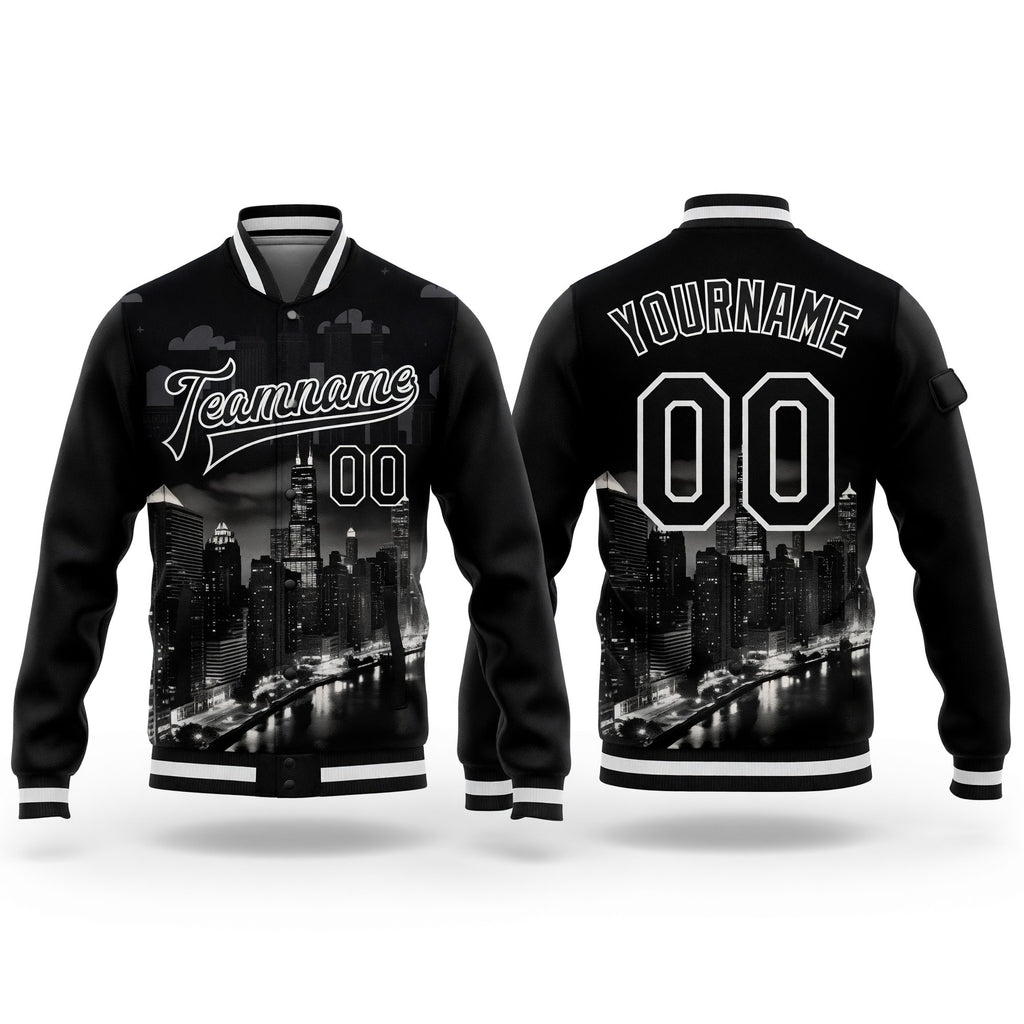 Custom Black White Chicago Illinois City Edition 3D Bomber Full-Snap Varsity Letterman Jacket