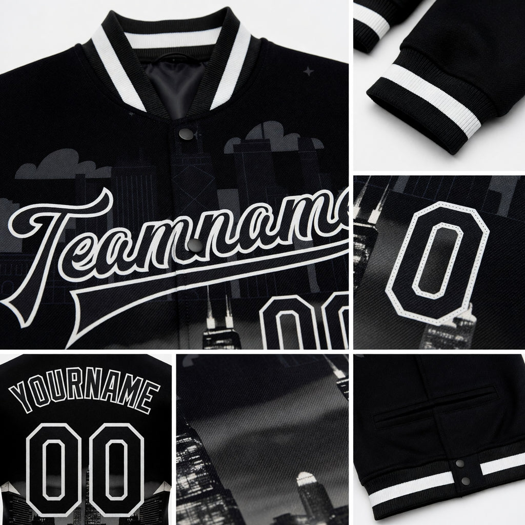 Custom Black White Chicago Illinois City Edition 3D Bomber Full-Snap Varsity Letterman Jacket detail