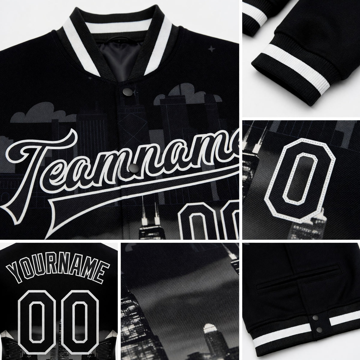 Custom Black White Chicago Illinois City Edition 3D Bomber Full-Snap Varsity Letterman Jacket detail