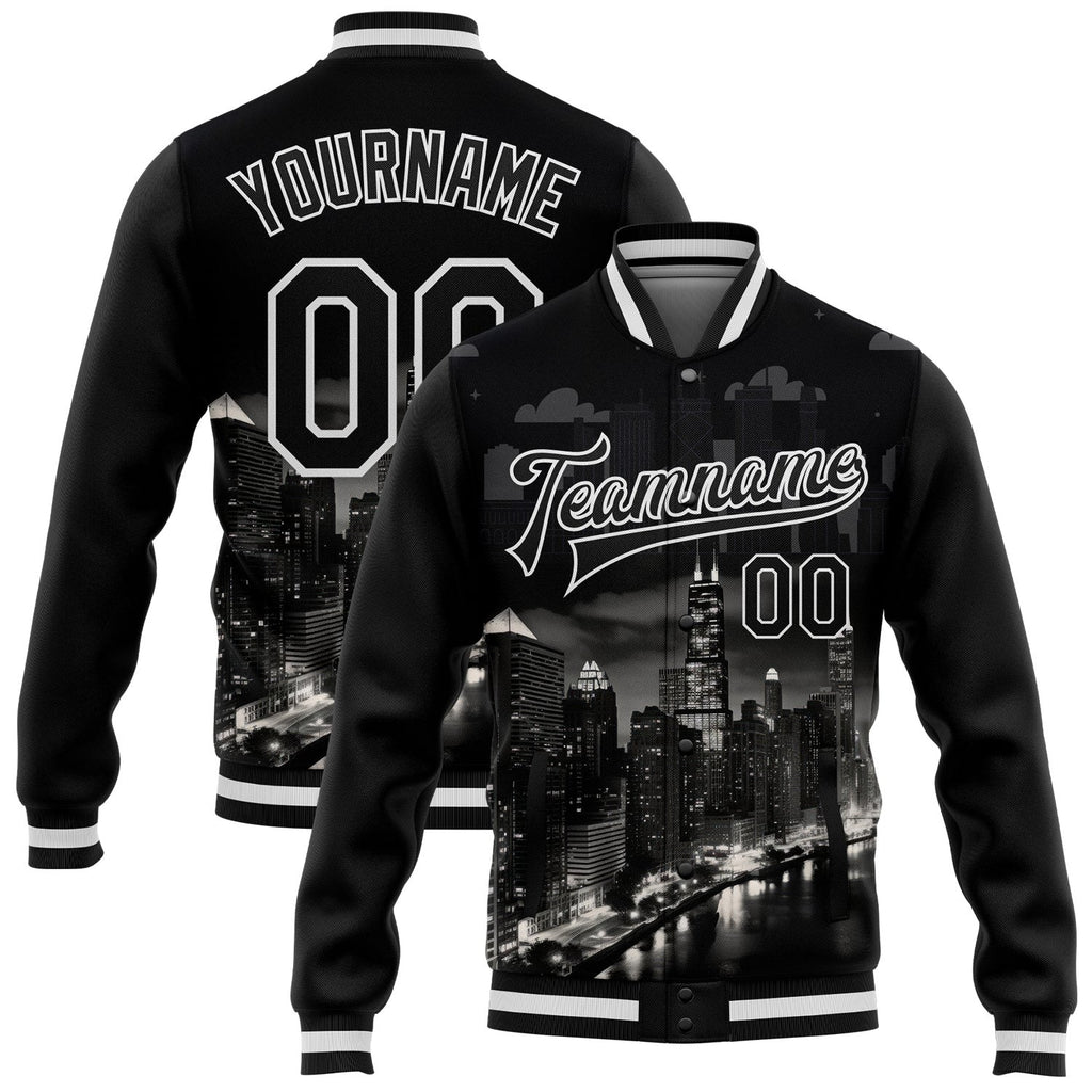 Custom Black White Chicago Illinois City Edition 3D Bomber Full-Snap Varsity Letterman Jacket photo 1