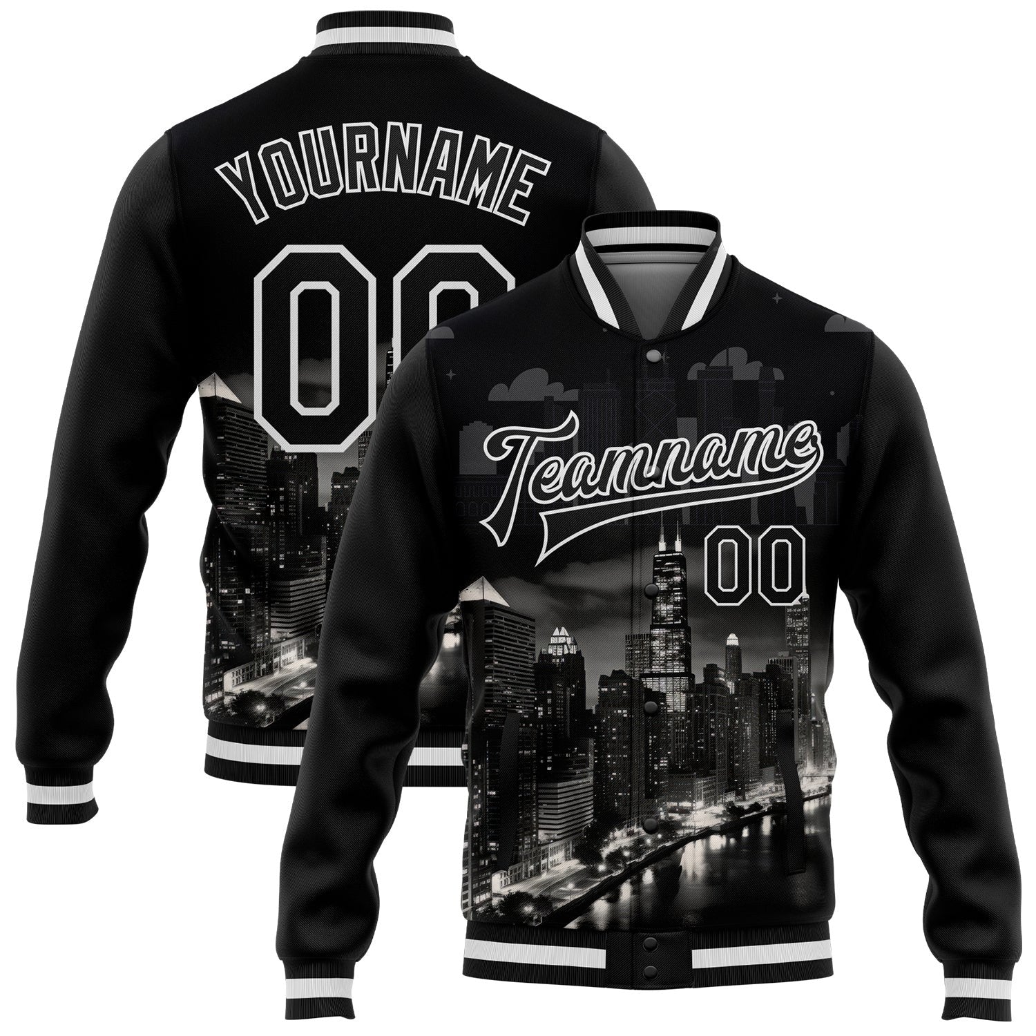 Custom Black White Chicago Illinois City Edition 3D Bomber Full-Snap Varsity Letterman Jacket photo 1