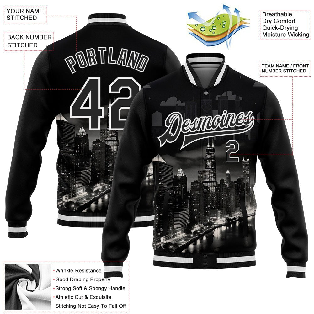 Custom Black White Chicago Illinois City Edition 3D Bomber Full-Snap Varsity Letterman Jacket photo 5