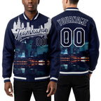 Custom Navy White Detroit Michigan City Edition 3D Bomber Full-Snap Varsity Letterman Jacket worn front and back