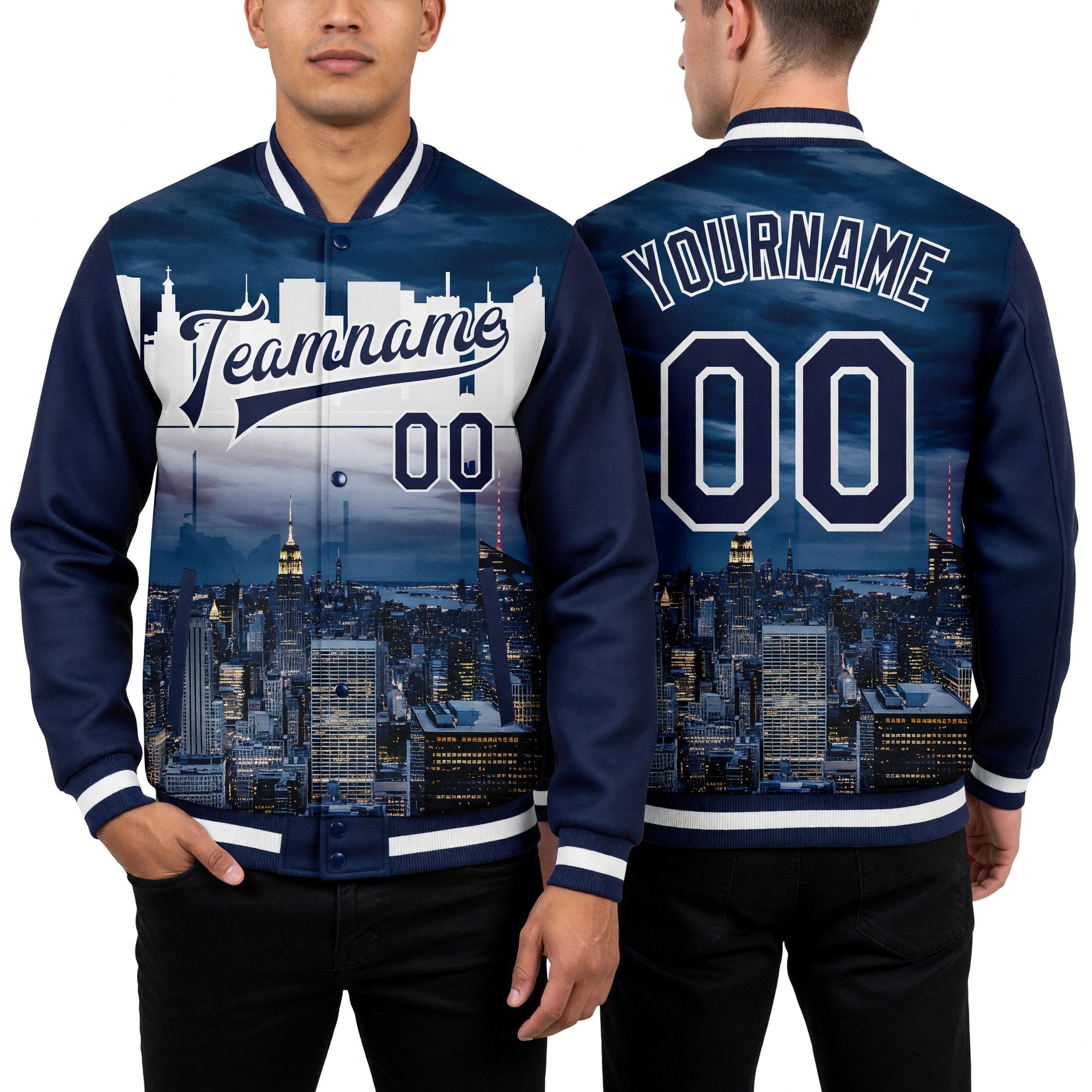 Custom Navy White New York City Edition 3D Bomber Full-Snap Varsity Letterman Jacket worn front and back