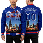 Custom Royal Red-White Chicago Illinois City Edition 3D Bomber Full-Snap Varsity Letterman Jacket worn front and back