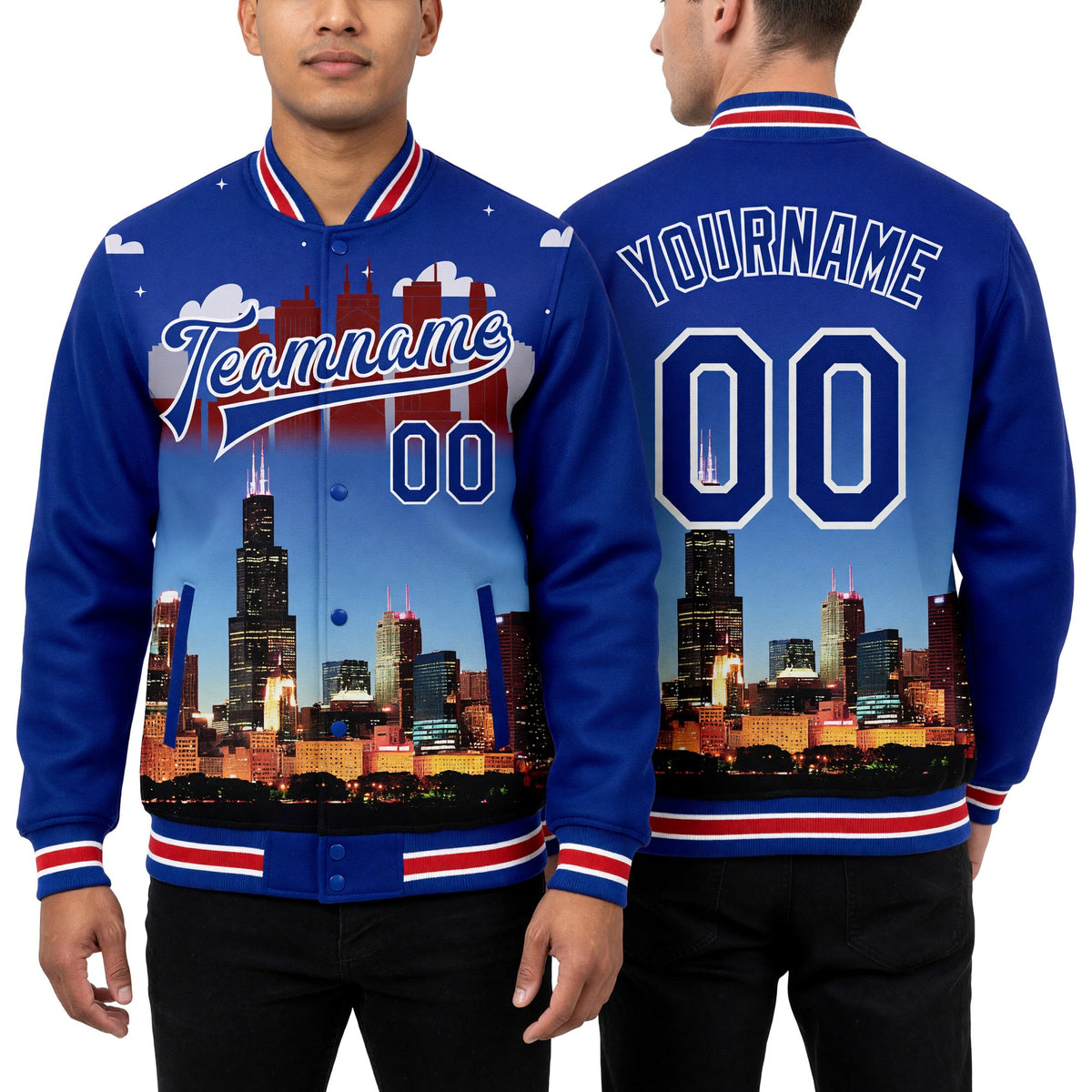 Custom Royal Red-White Chicago Illinois City Edition 3D Bomber Full-Snap Varsity Letterman Jacket worn front and back