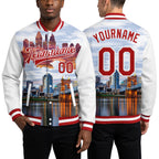 Custom White Red Cincinnati Ohio City Edition 3D Bomber Full-Snap Varsity Letterman Jacket worn front and back