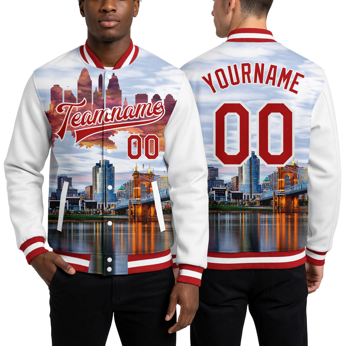 Custom White Red Cincinnati Ohio City Edition 3D Bomber Full-Snap Varsity Letterman Jacket worn front and back