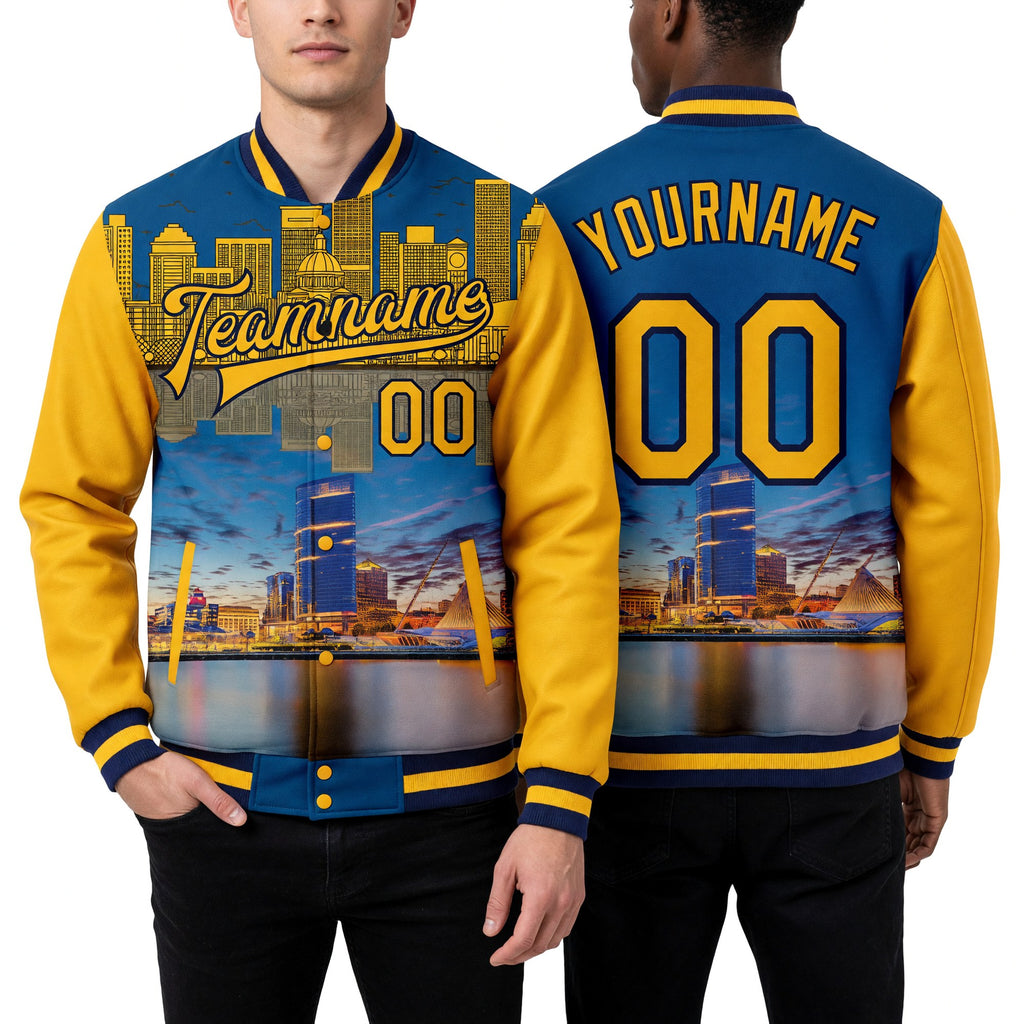 Custom Gold Navy Milwaukee Wisconsin City Edition 3D Bomber Full-Snap Varsity Letterman Jacket worn front and back