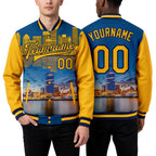 Custom Gold Navy Milwaukee Wisconsin City Edition 3D Bomber Full-Snap Varsity Letterman Jacket worn front and back