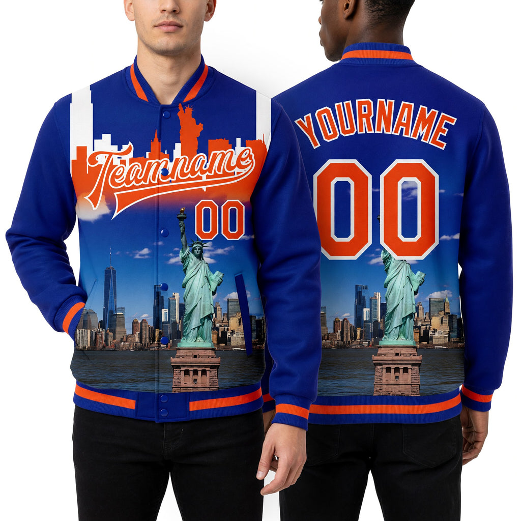 Custom Royal Orange-White Statue Of Liberty New York City Edition 3D Bomber Full-Snap Varsity Letterman Jacket worn front and back