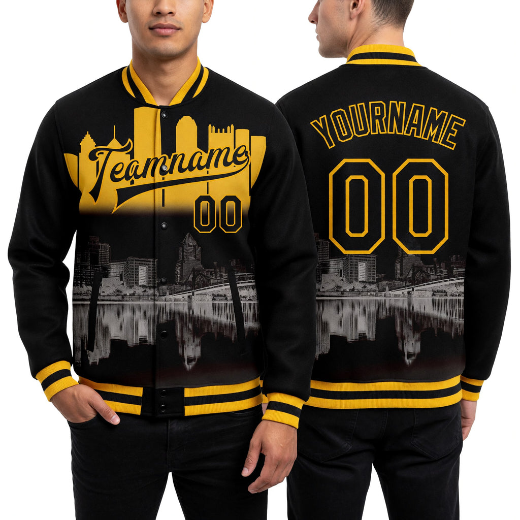 Custom Black Gold Pittsburgh Pennsylvania City Edition 3D Bomber Full-Snap Varsity Letterman Jacket worn front and back