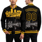 Custom Black Gold Pittsburgh Pennsylvania City Edition 3D Bomber Full-Snap Varsity Letterman Jacket worn front and back