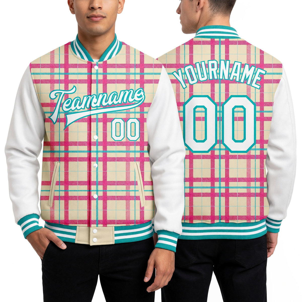 Custom Cream White-Aqua Check Board 3D Pattern Design Bomber Full-Snap Varsity Letterman Jacket worn front and back