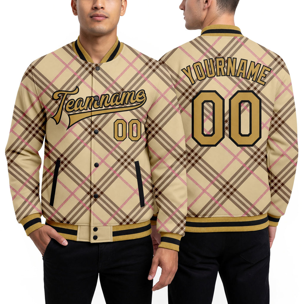 Custom City Cream Old Gold Black-Light Pink Check Board 3D Pattern Design Bomber Full-Snap Varsity Letterman Jacket worn front and back