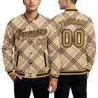 Custom City Cream Old Gold Black-Light Pink Check Board 3D Pattern Design Bomber Full-Snap Varsity Letterman Jacket worn front and back