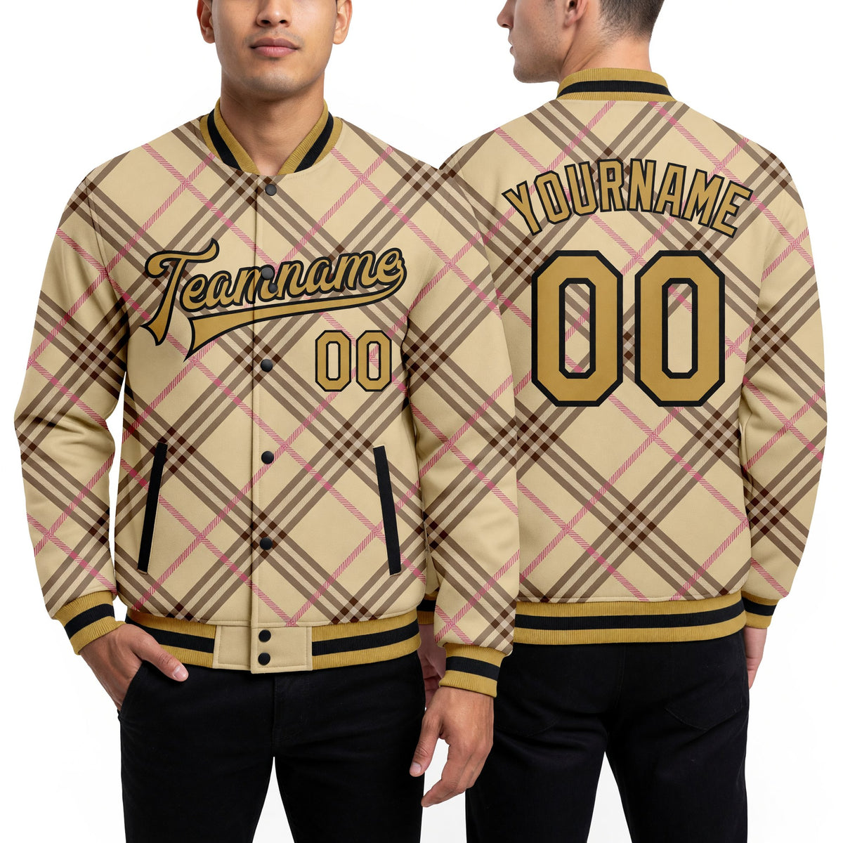 Custom City Cream Old Gold Black-Light Pink Check Board 3D Pattern Design Bomber Full-Snap Varsity Letterman Jacket worn front and back