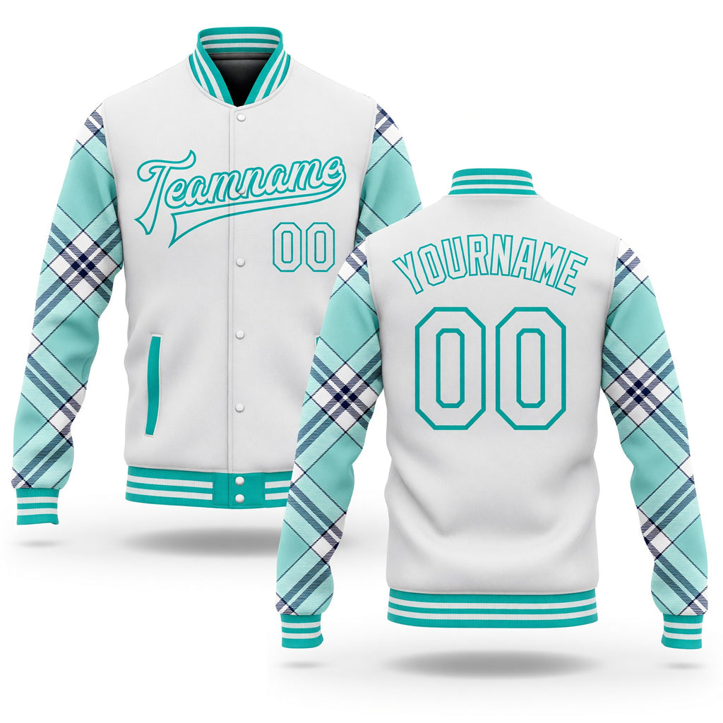 Custom White Ice Blue Aqua-Navy Check Board 3D Pattern Design Bomber Full-Snap Varsity Letterman Jacket